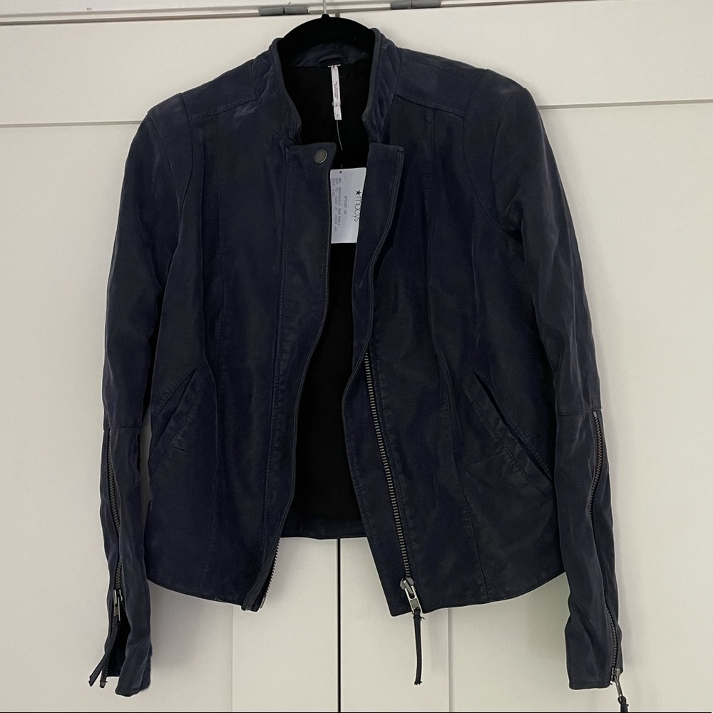 Free People Cool & Clean Suede Jacket Navy Blue